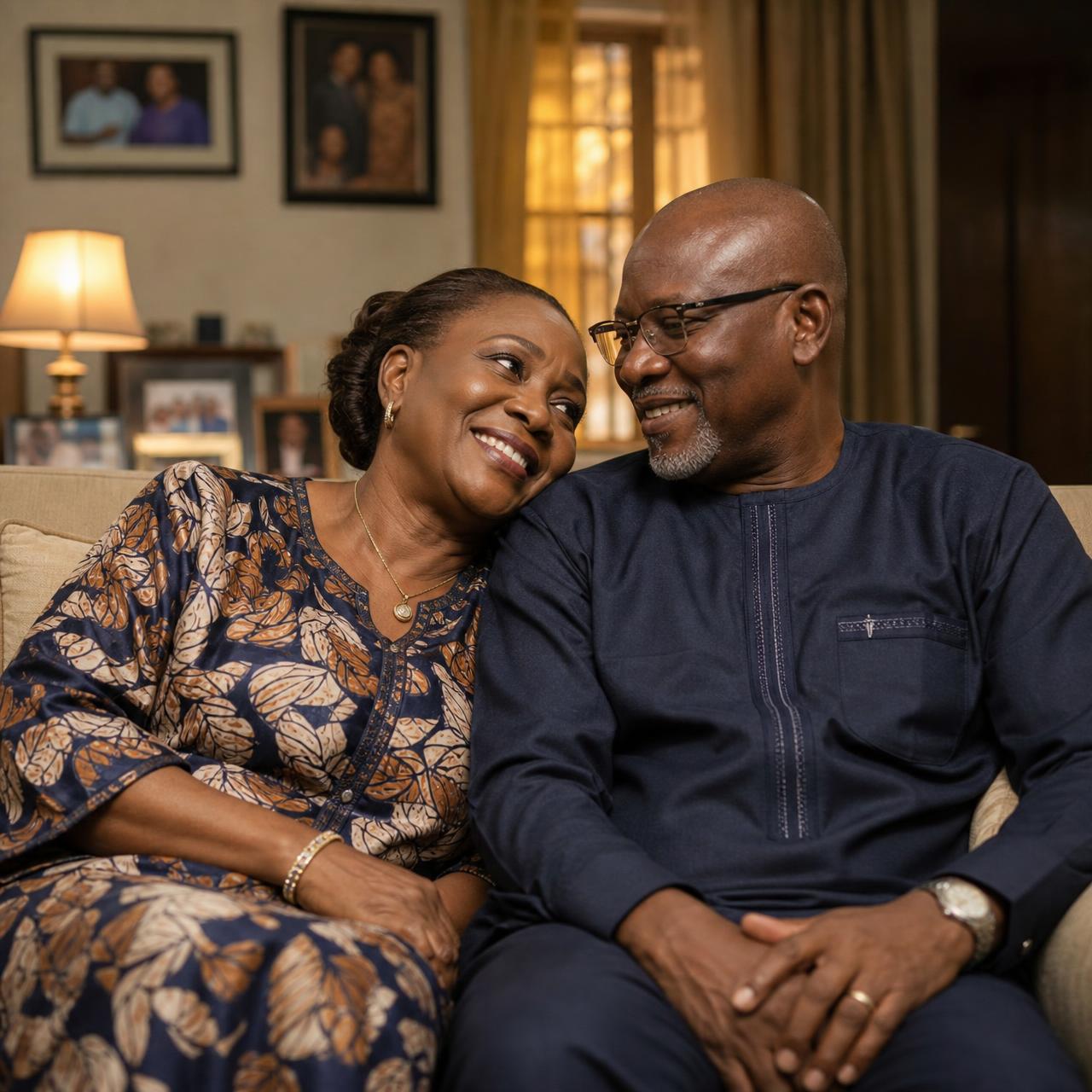 Nigerian couple sitting together at home in warm evening light